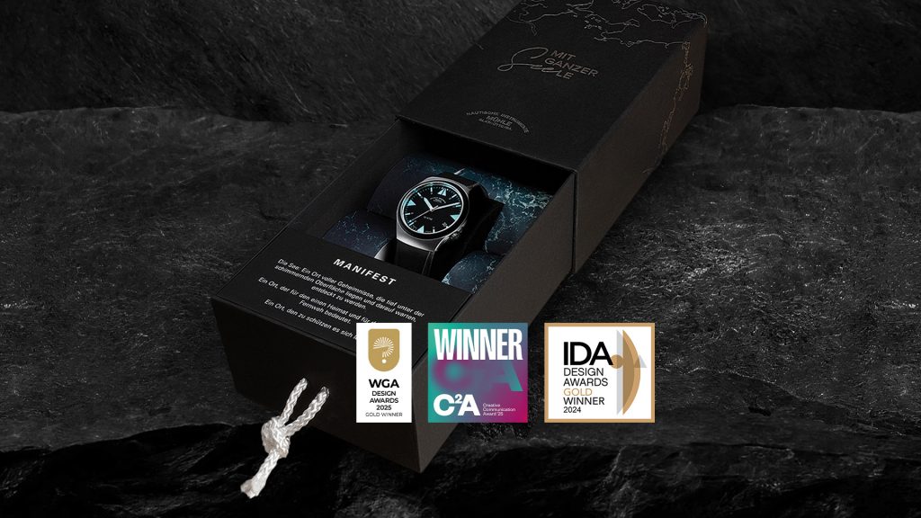 Hochwertige Uhrenverpackung. Drei Auszeichnungen bei Design-Awards. IDA Design Awards Gold Winner 2024, Creative Communication Award 2025 Winner, WGA Design Awards 2025 Gold Winner
