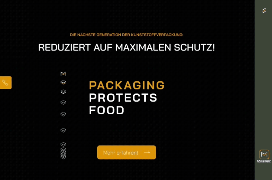 Animierter Header der Website von Mezger Verpackungen. Zu sehen ist eine sich drehende Kunststoffverpackung, die Obst beinhaltet, und der Text „PACKAGING PROTECTS FOOD“.