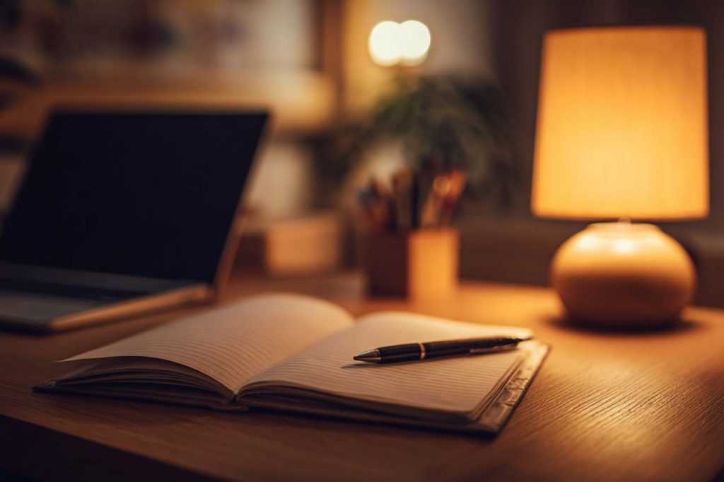 Stimmungsvolle Szene am Schreibtisch mit Tischlampe, Notizbuch, Stift und Laptop